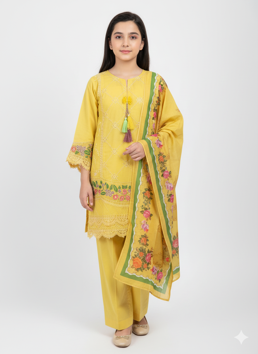 Elegant Pastel Mint Green Embroidered Three-Piece Festive Suit with Floral Dupatta and Lace Detailing