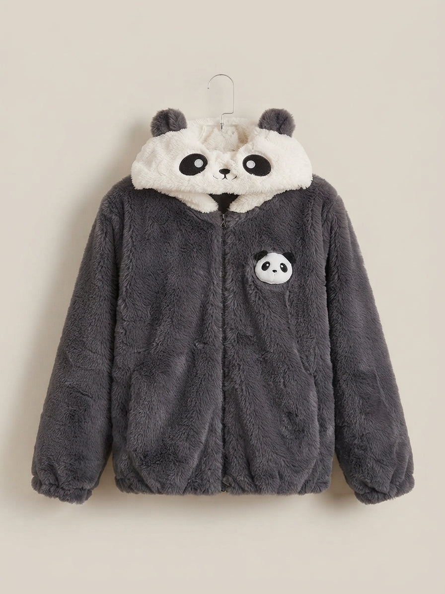 Kids white faux fur panda hoodie jacket with cute ears and front zipper closure.