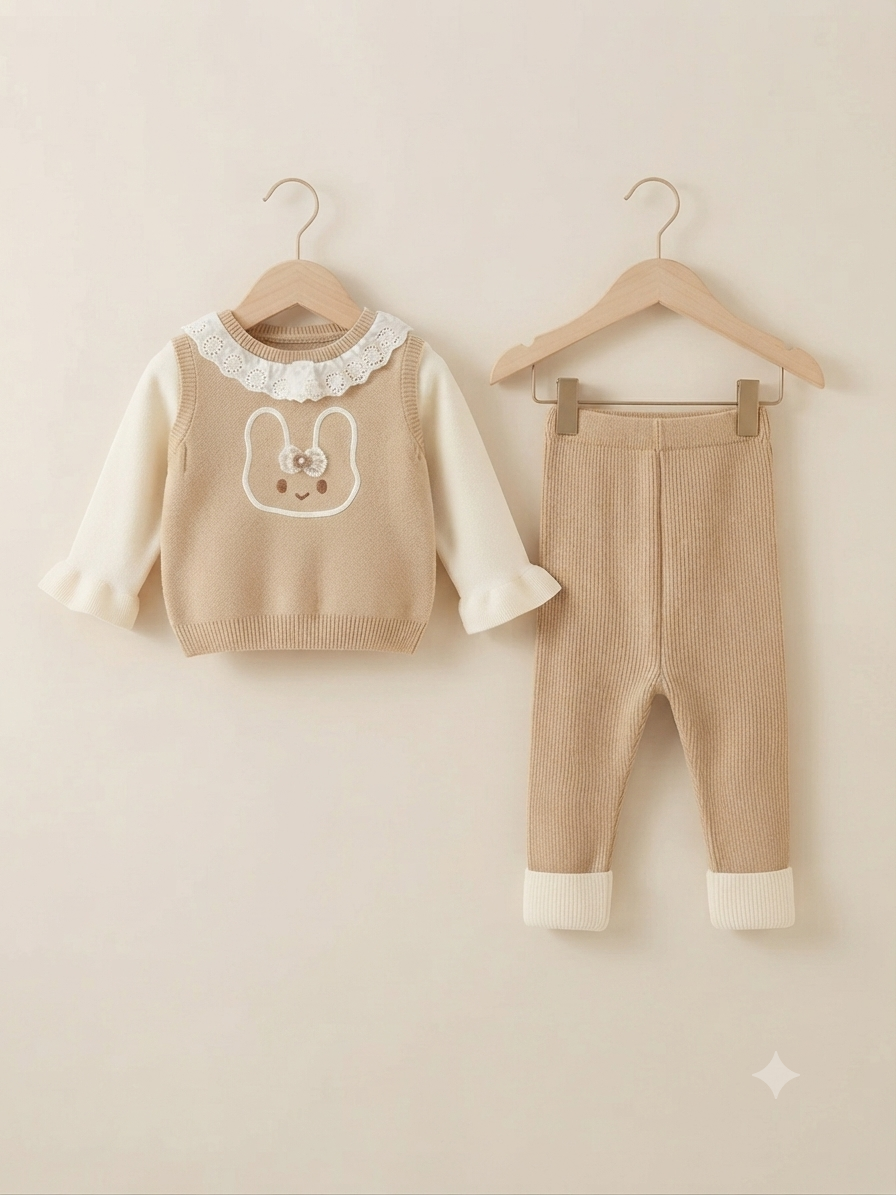 Cute Baby Girl Bunny Sweater and Ribbed Pants Outfit in Three Colors
