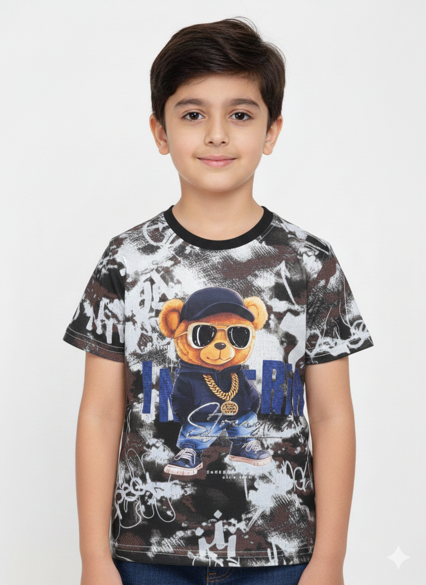 Boys' Urban Hip-Hop Teddy Bear Graphic Tee with Streetwear Print and Comfortable Crew Neck