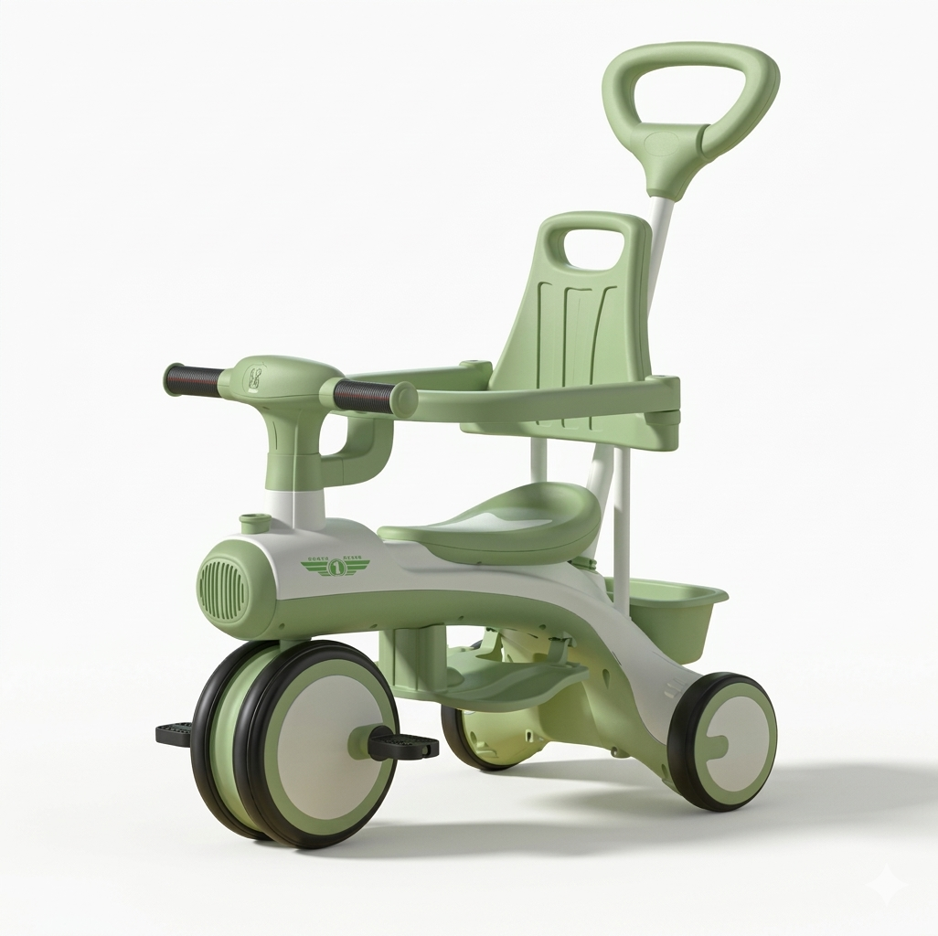 Modern 3-in-1 Sage Green Toddler Tricycle with Adjustable Push Handle and Safety Guard Rail