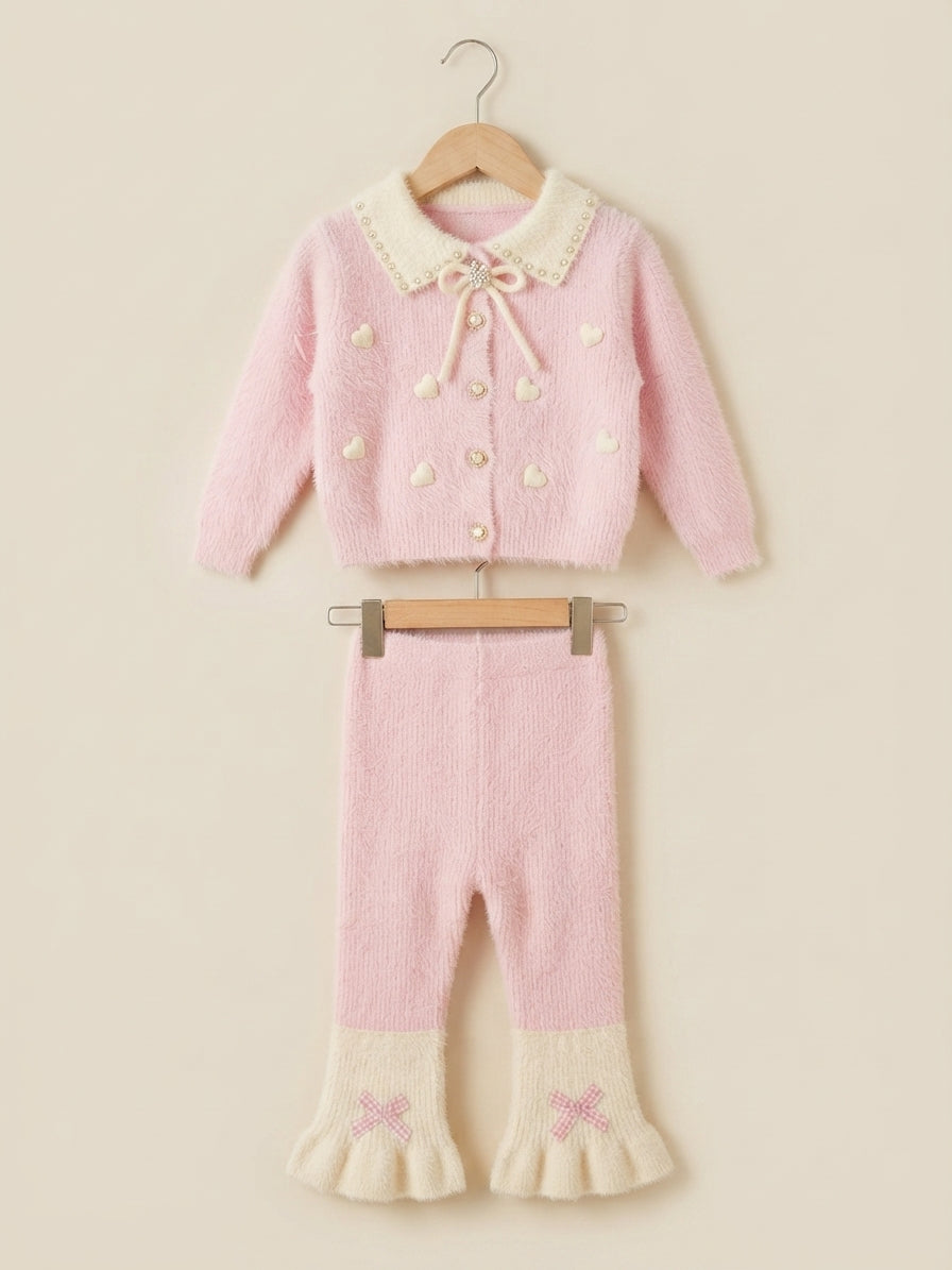 Cozy Girls Pearl Collar Fuzzy Cardigan and Ruffled Bow Pants Winter Outfit Set