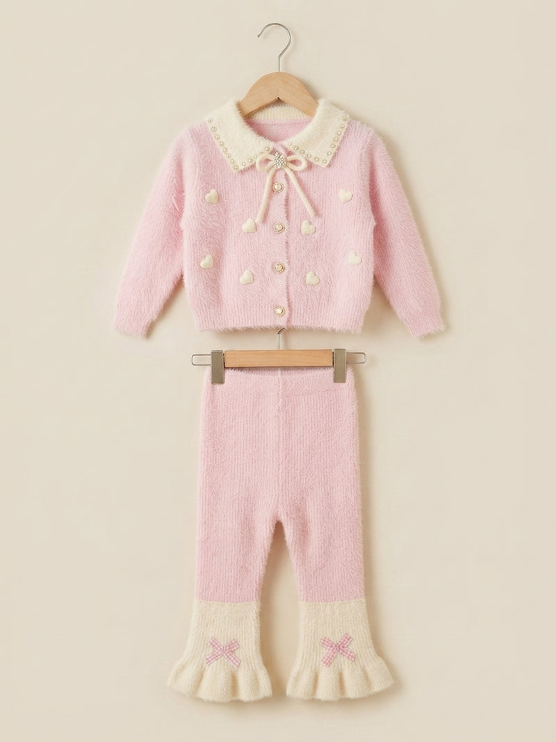 Cozy Girls Pearl Collar Fuzzy Cardigan and Ruffled Bow Pants Winter Outfit Set