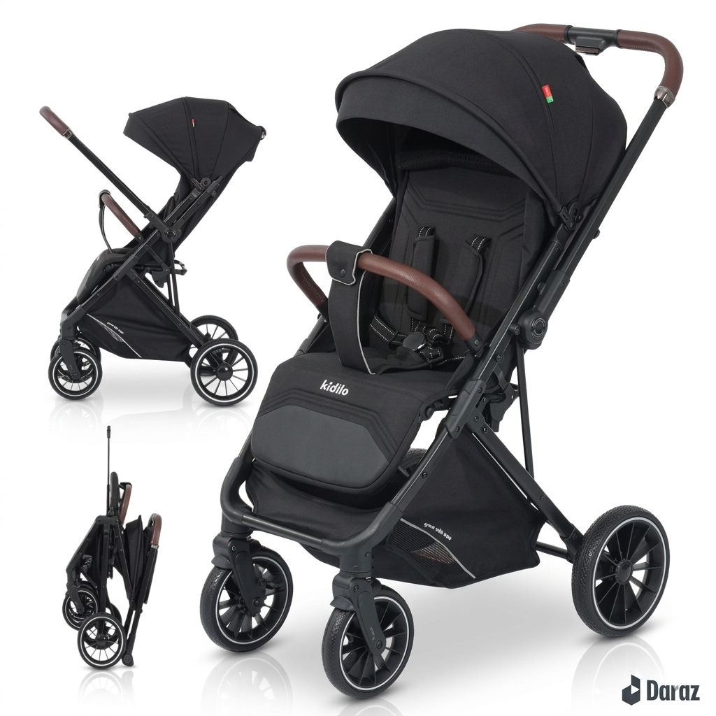 Kidilo Premium Lightweight Foldable Baby Stroller With Adjustable Canopy And Leather Trim Comfort Grip