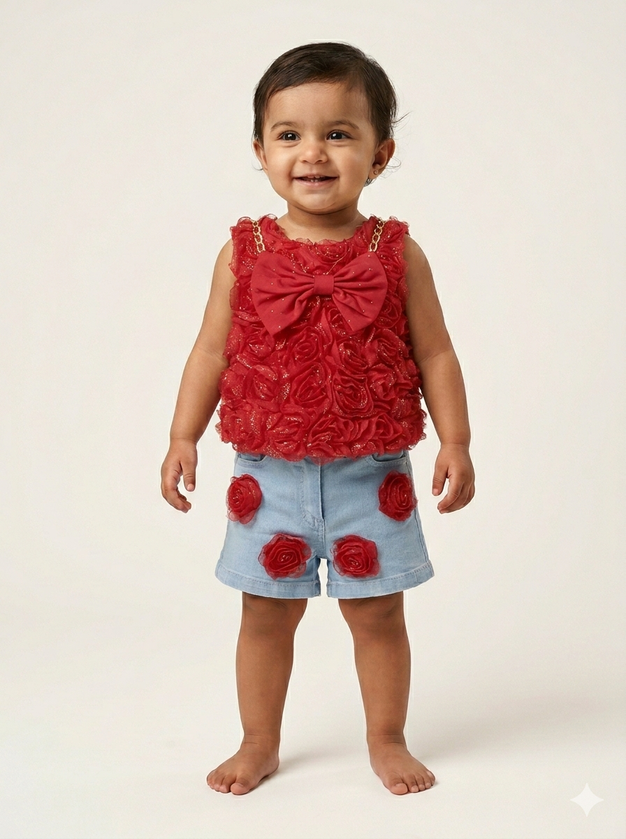 Toddler Girl Floral Rosette Sleeveless Top and Appliqué Denim Shorts Two Piece Summer Outfit Set