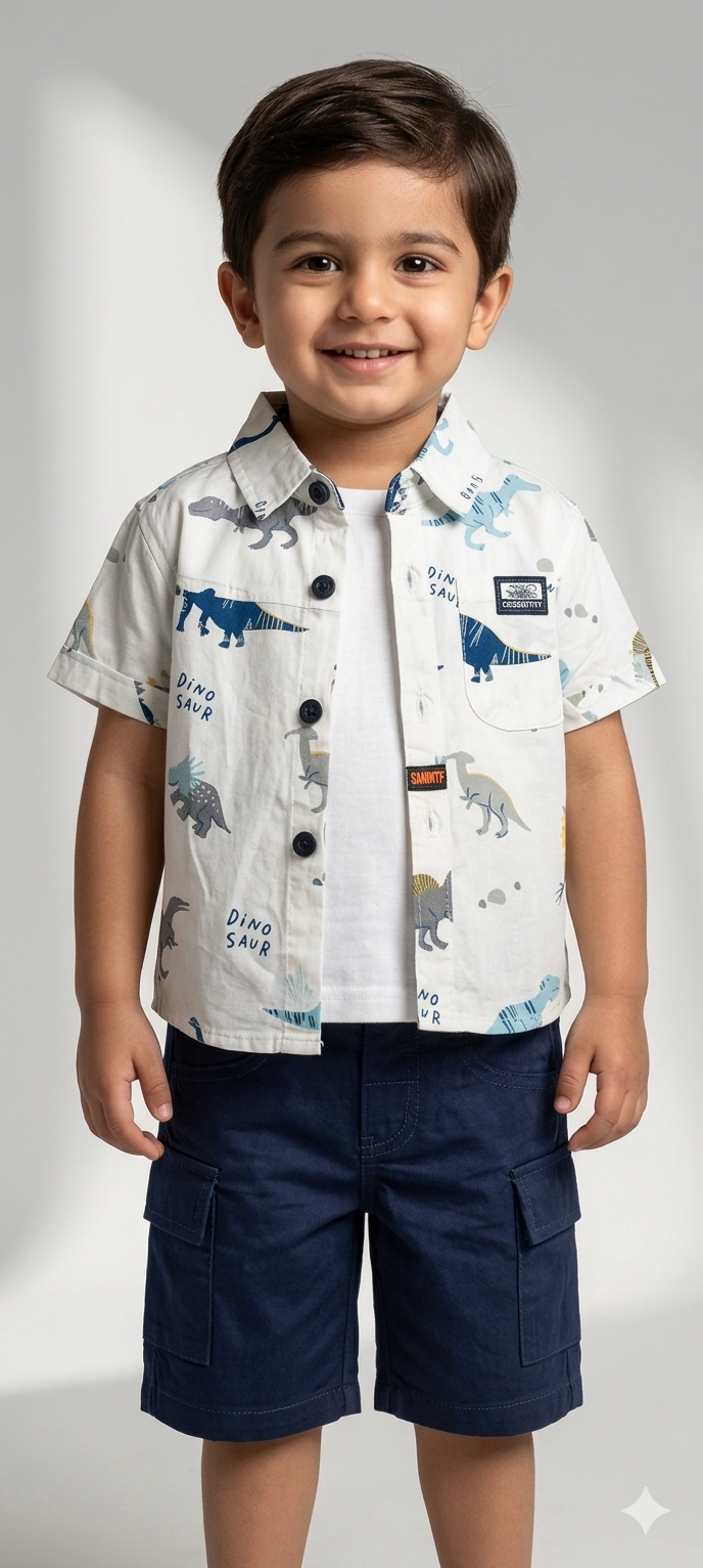 Toddler Boy Three-Piece Dinosaur Print Button-Down Shirt and Cargo Shorts Set in Multiple Colors
