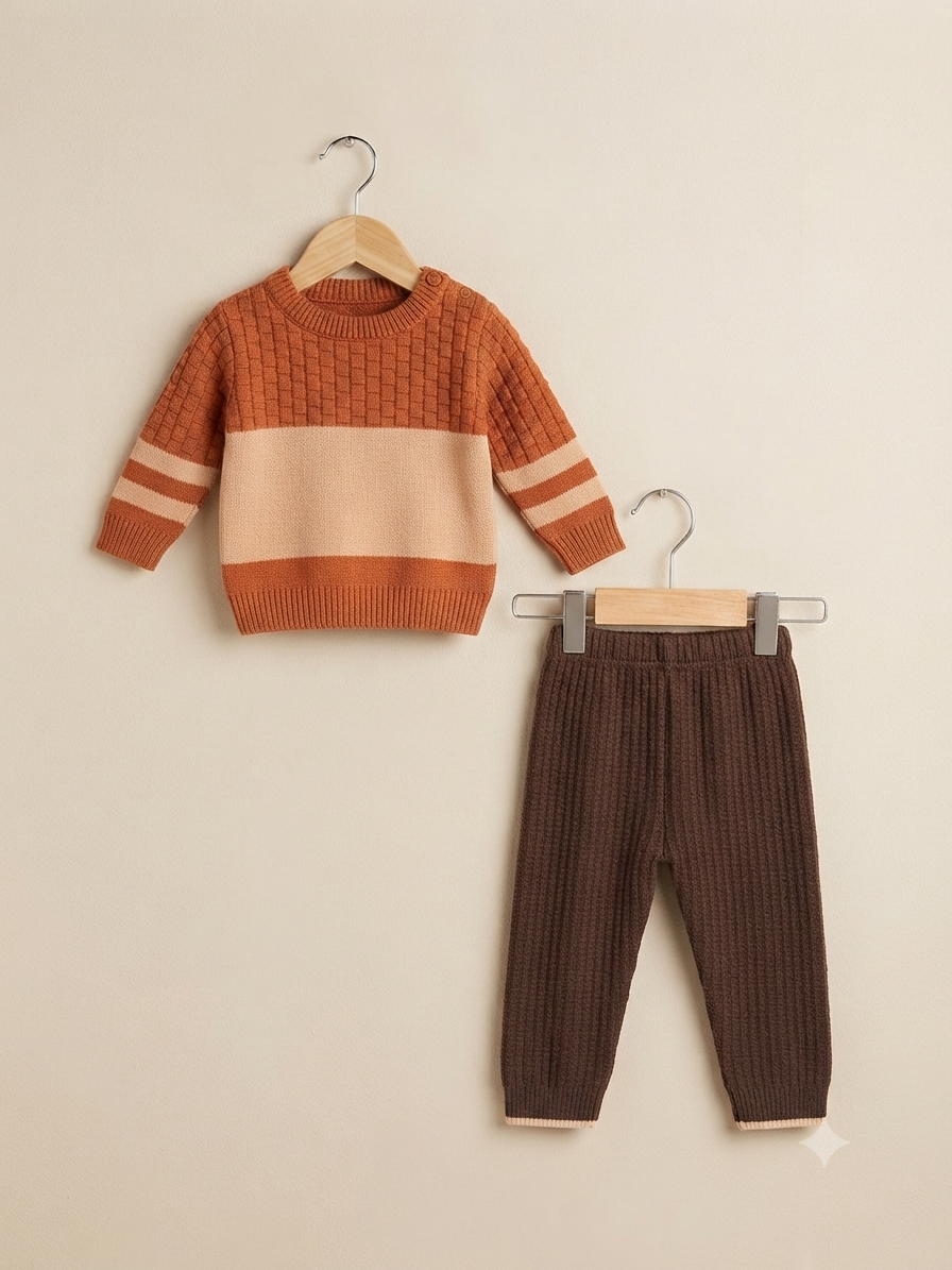 Baby Knitted Sweater And Trouser Set With Striped Pattern For Toddlers