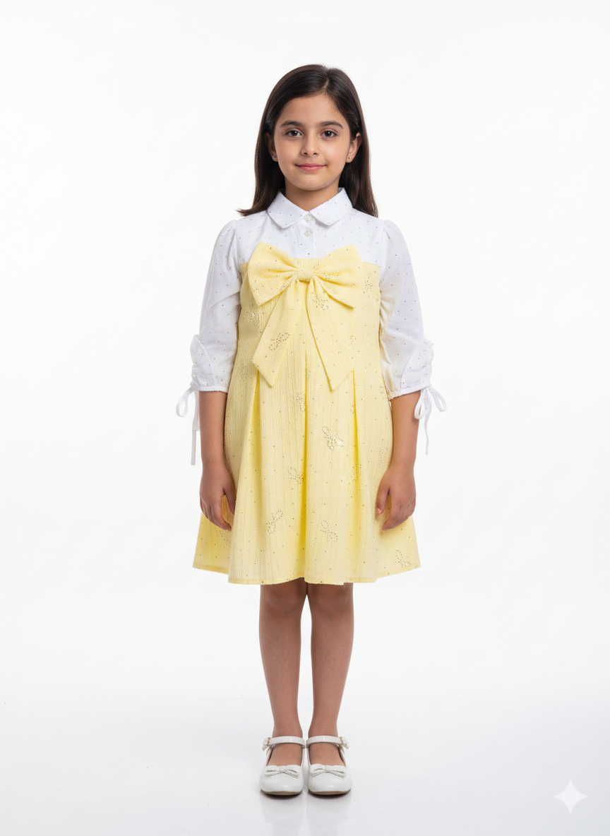 Charming Girls' Pastel Pink Bow Pinafore Dress with White Polka Dot Collared Blouse Set