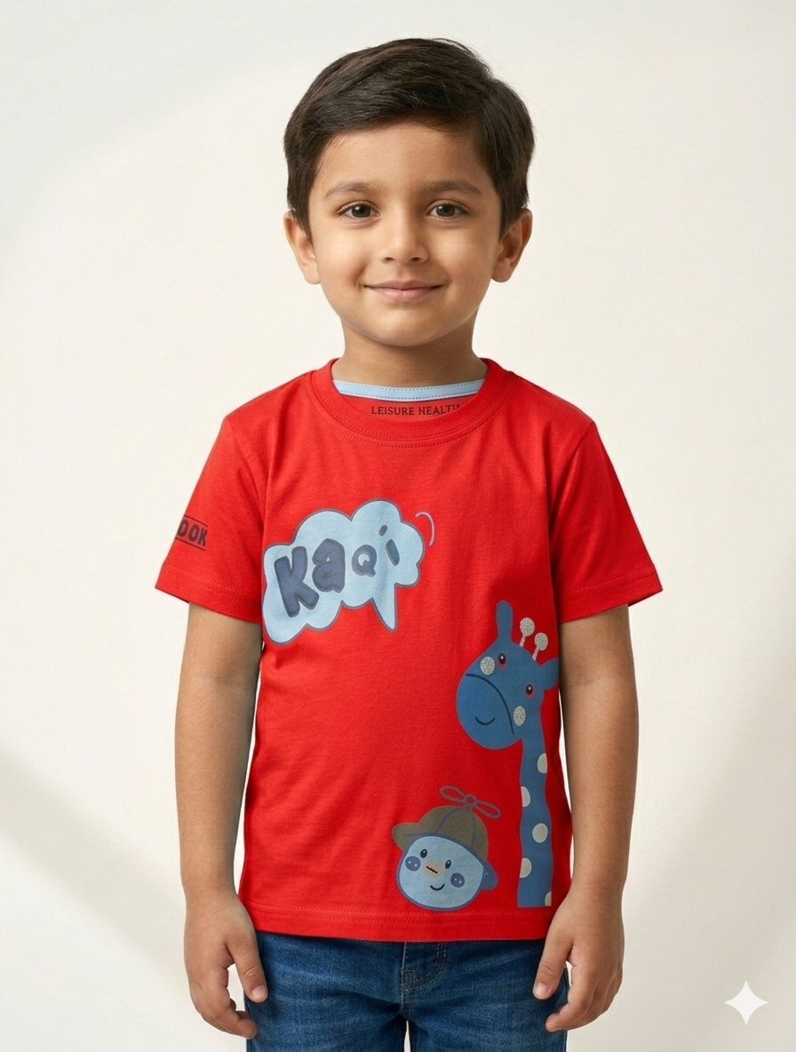 Boys' Fun Giraffe Graphic Cotton T-Shirt Set in Vibrant Red Yellow and Sky Blue