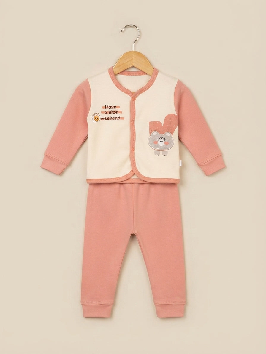 Cute Kids Cotton Have A Nice Weekend Graphic Button Up Top And Matching Trouser Outfit Set