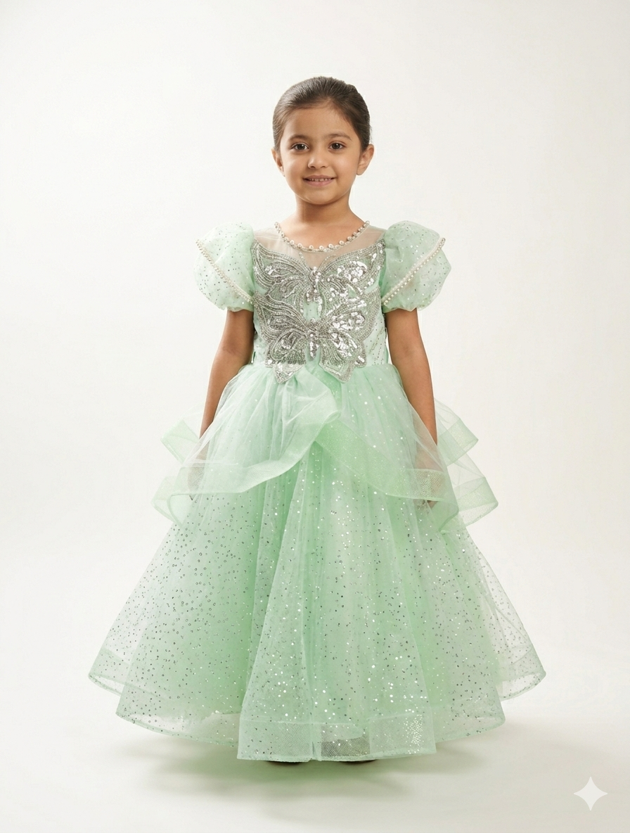 Little Girls Enchanting Butterfly Wing Sequin Ball Gown With Layered Tulle And Puff Sleeves