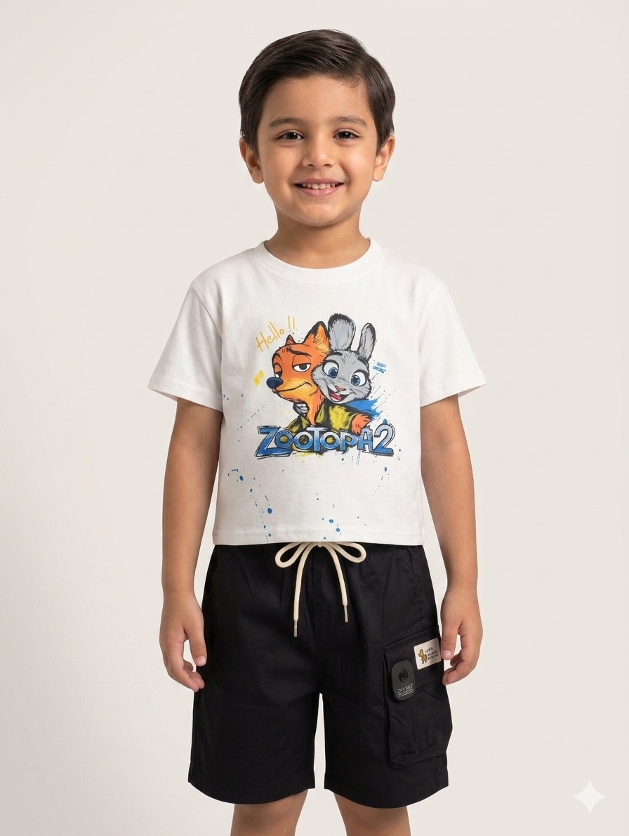 Disney Zootopia 2 Character Print Kids T-Shirt and Cargo Shorts Two-Piece Summer Set
