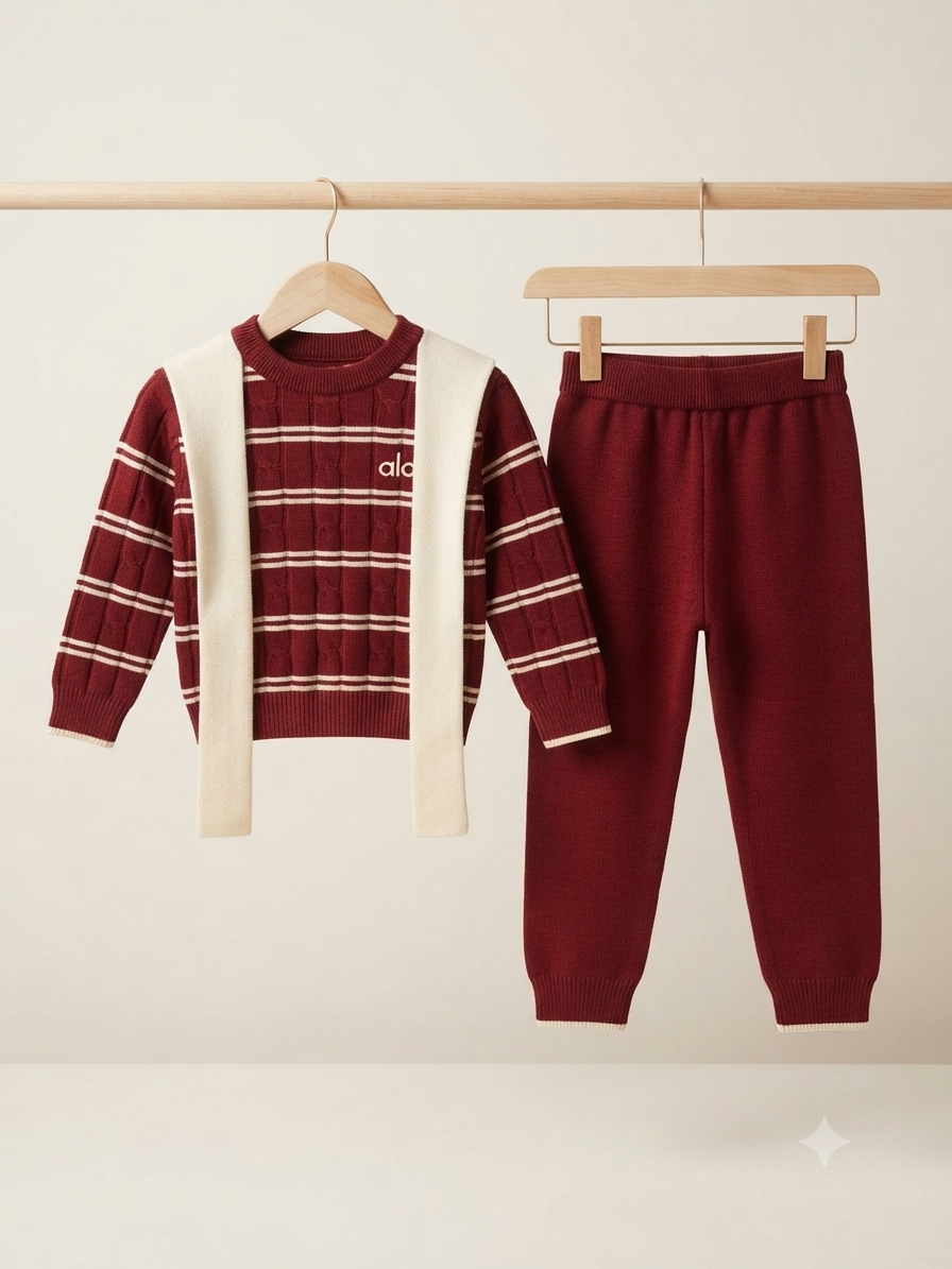 Cozy Knit Striped Sweater And Matching Jogger Pants Outfit Set For Casual Winter Wear