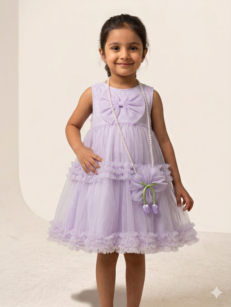 Premium Net Pouch Frock with Matching Tulip Bag for Girls – Available in Three Pastel Colors