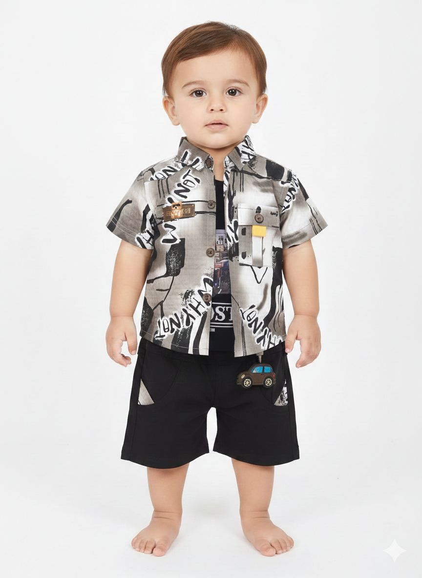 Boys' Urban Three-Piece Streetwear Set with Graphic Button-Down Shirt and Car Detail Shorts
