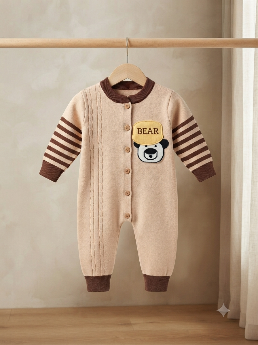Cute Baby Knitted Romper Featuring Bear Graphic Stripe Sleeves And Front Button Closure