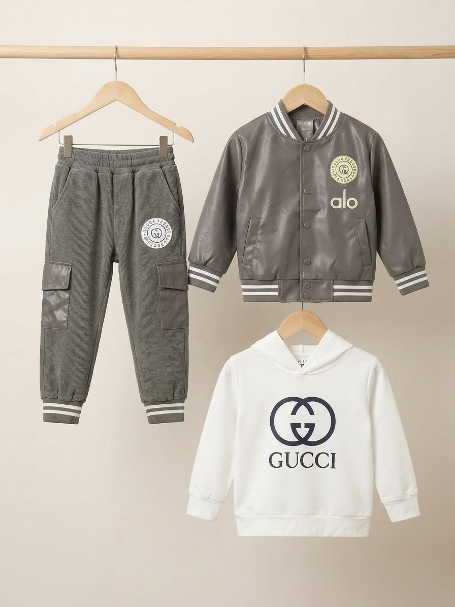 Kids Brand Logo Printed Hoodie Leather Bomber Jacket And Cargo Trouser 3 Piece Outfit Set
