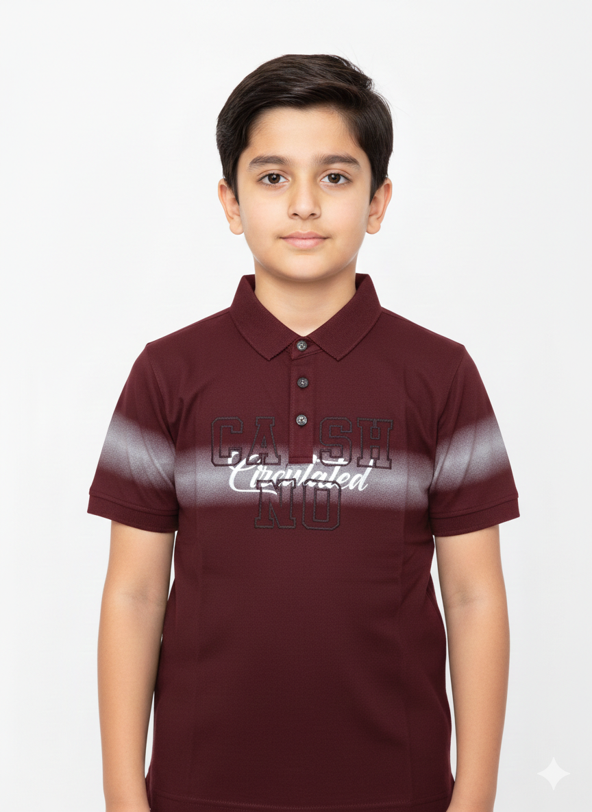 Bold Urban Style Featuring A Young Boy In A Multicolored Maroon And Grey Graphic Polo