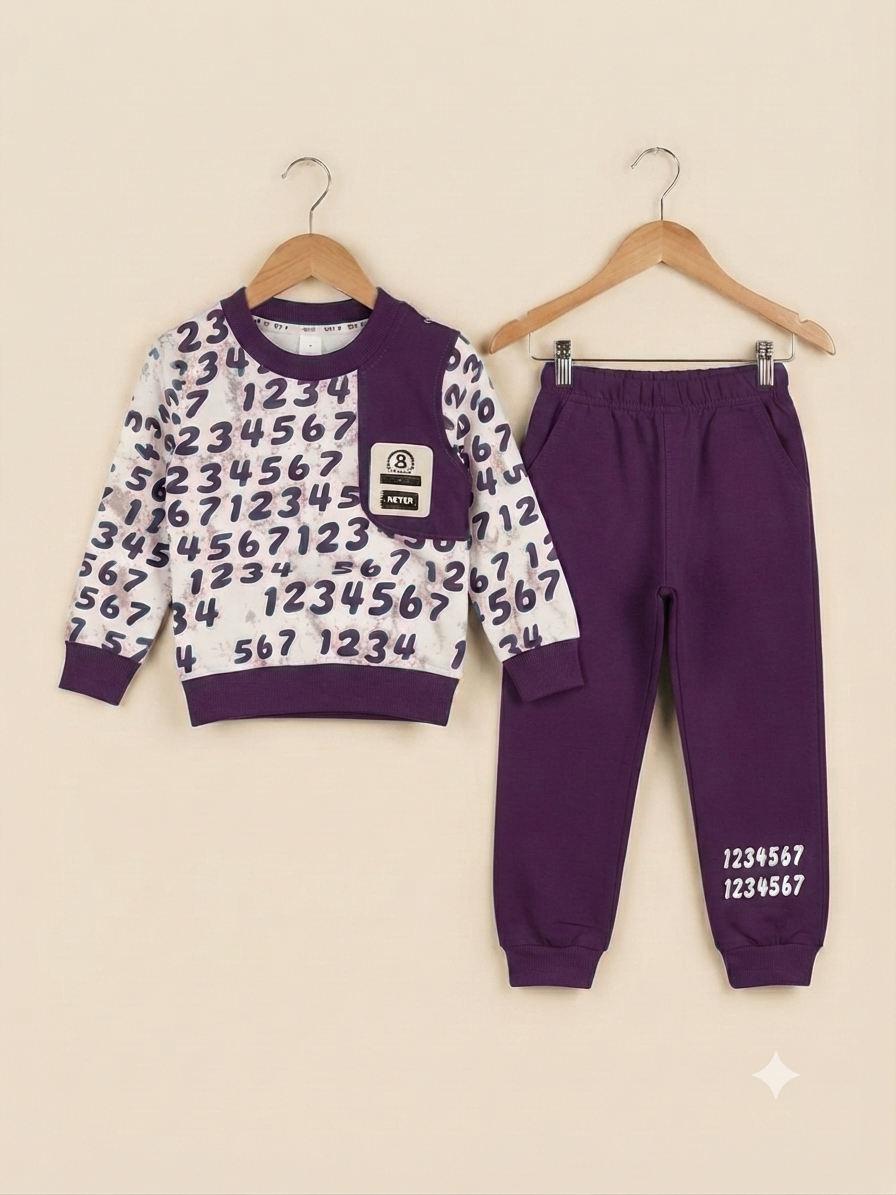 Stylish Number Print Kids Fleece Tracksuit Sweatshirt And Joggers Winter Outfit Set