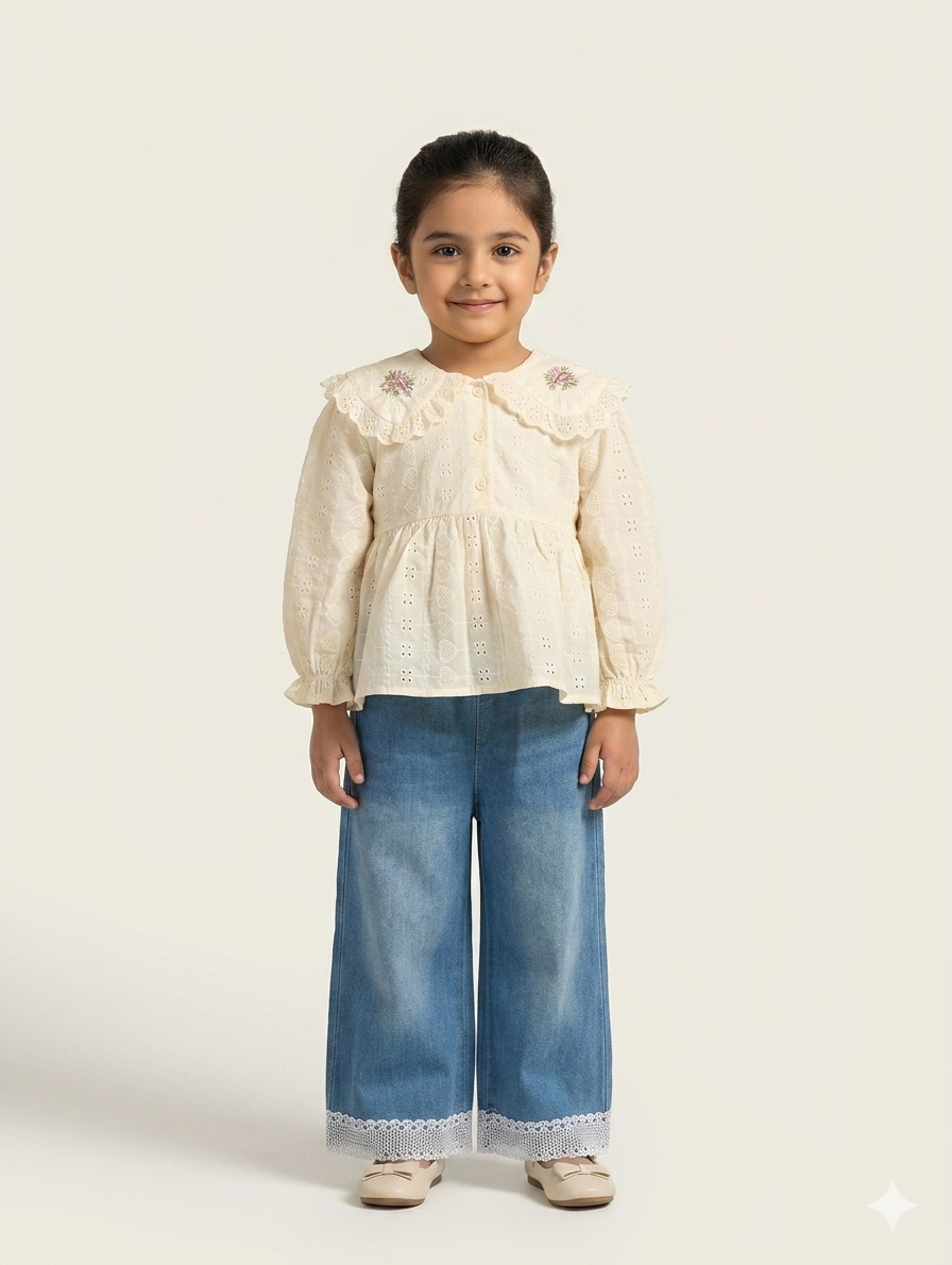 Girls' Embroidered Eyelet Cotton Peplum Blouse with Peter Pan Collar and Ruffled Elastic Cuffs
