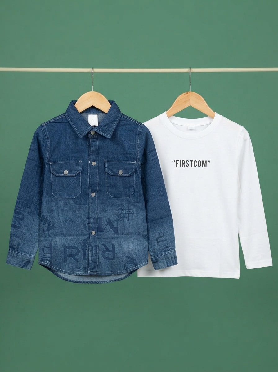 Boys Black Graphic Print Denim Button Down Shirt With Matching White Long Sleeve Tee