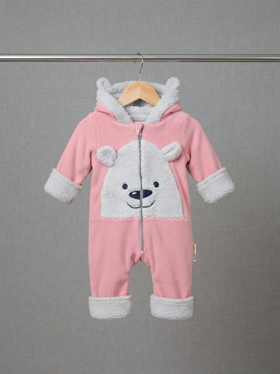 Baby Fleece Hooded Romper With Cute Bear Face Design And Sherpa Trim