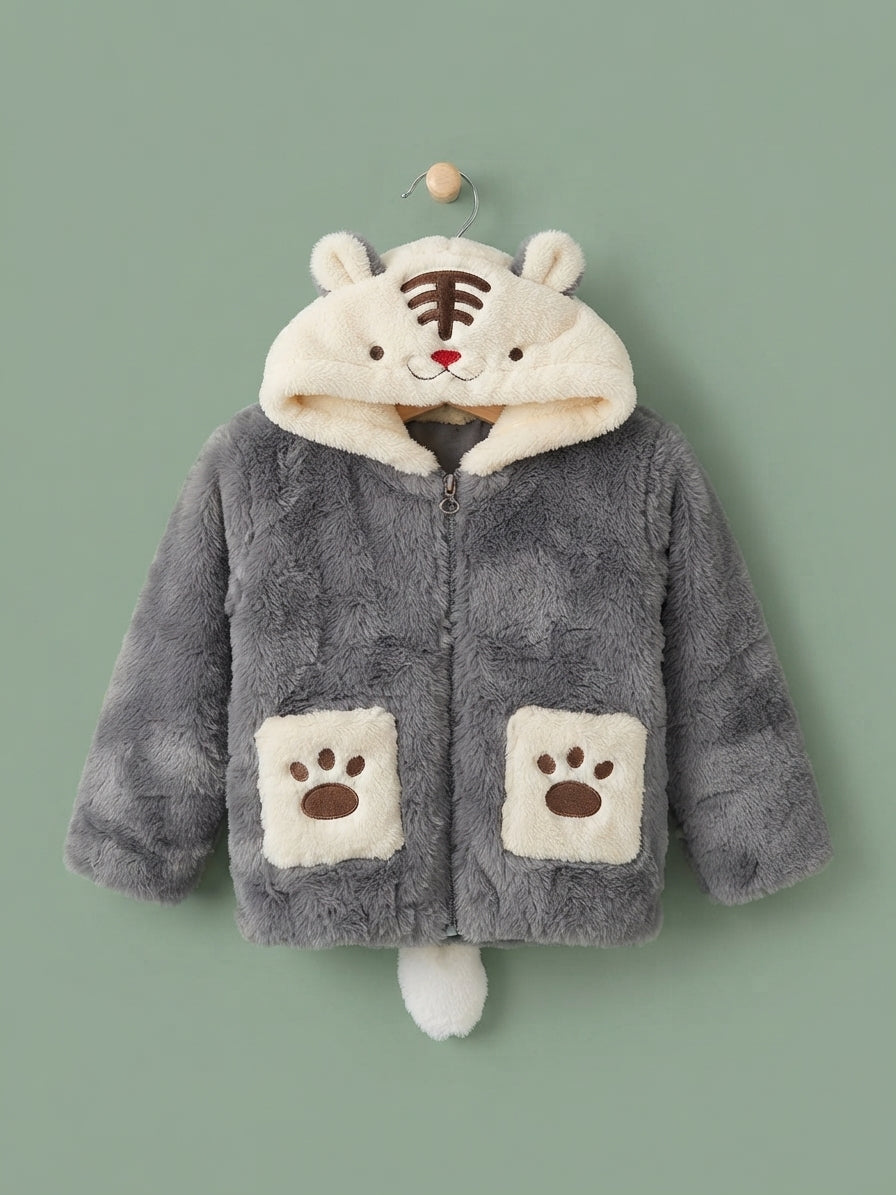 Cute Animal Hooded Fur Jacket For Kids Warm Winter Wear Stylish Soft Outerwear Outfit