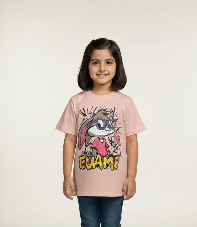 Girls' Fun Graphic T-Shirt with Cartoon Bunny Print in Mint, Cream, and Pastel Pink