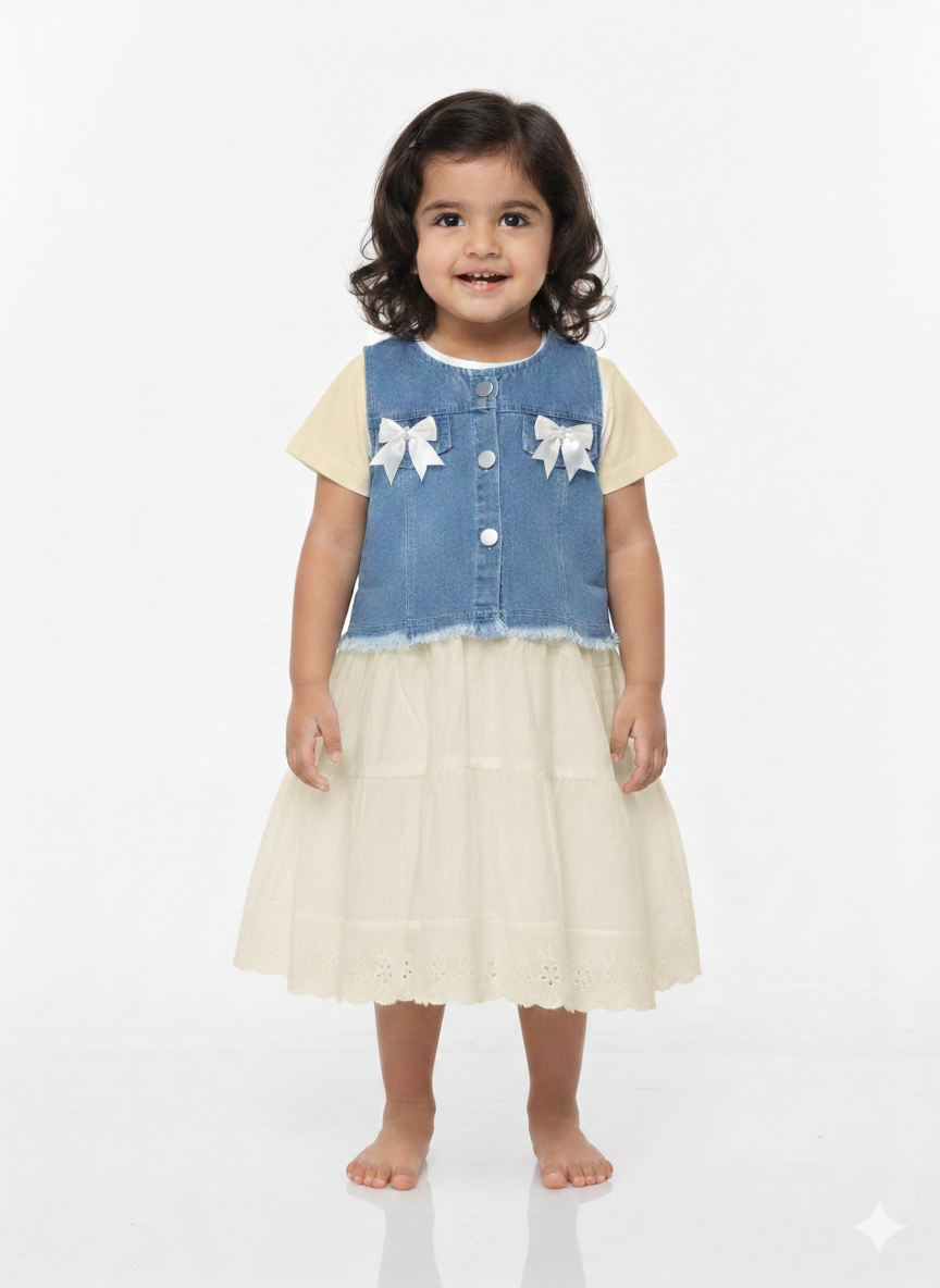 Adorable Girls' Denim Vest and Tiered Eyelet Cotton Dress Two-Piece Summer Fashion Set