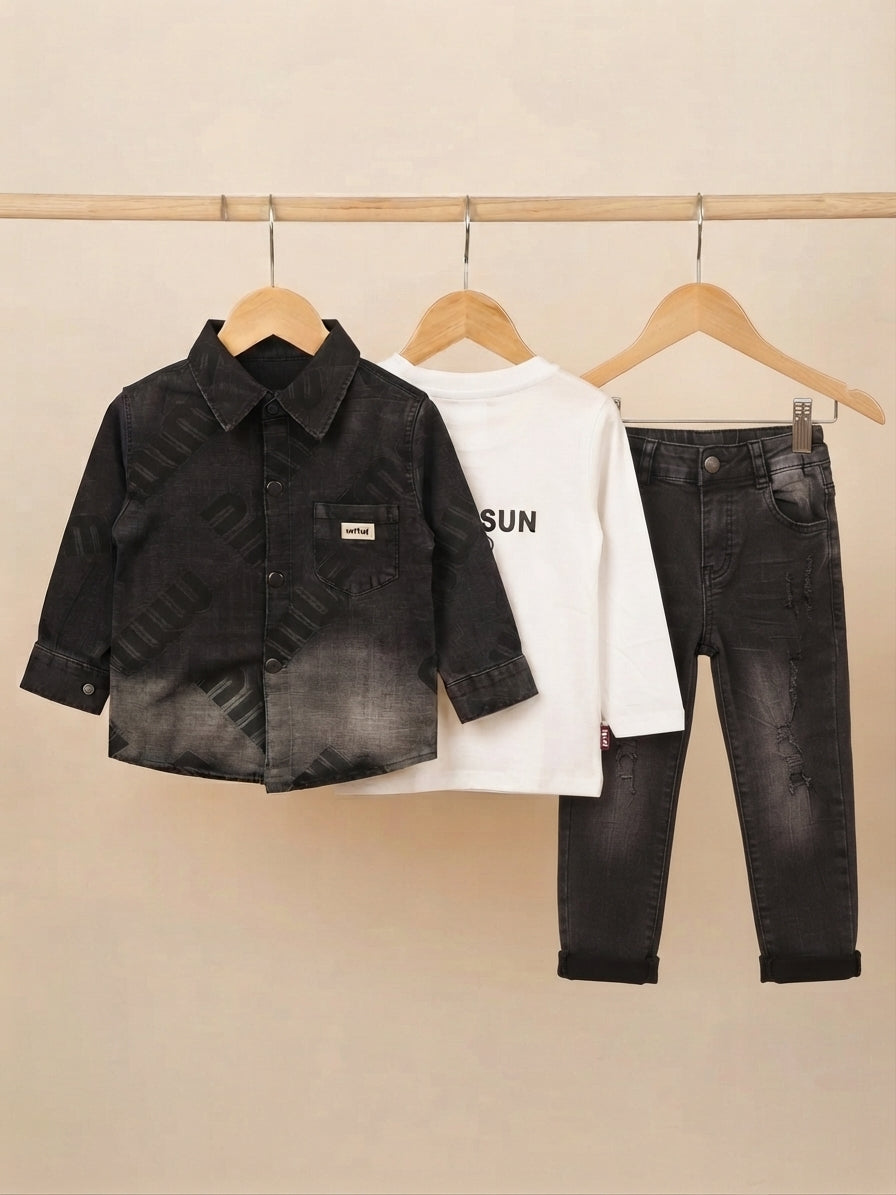 Stylish boys three piece outfit featuring denim jacket white t shirt and matching jeans
