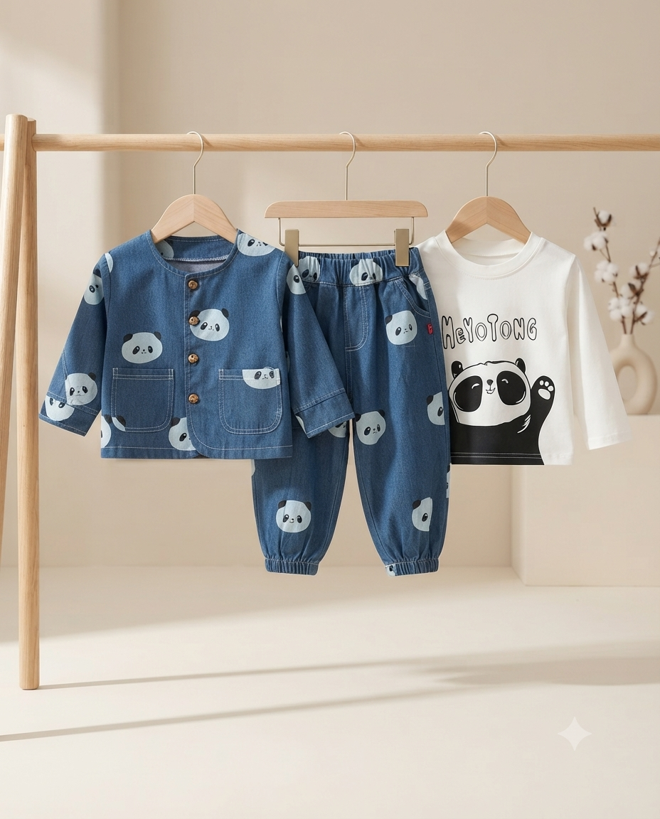 Kids Panda Print Denim Jacket And Trousers Set With Matching Long Sleeve Top