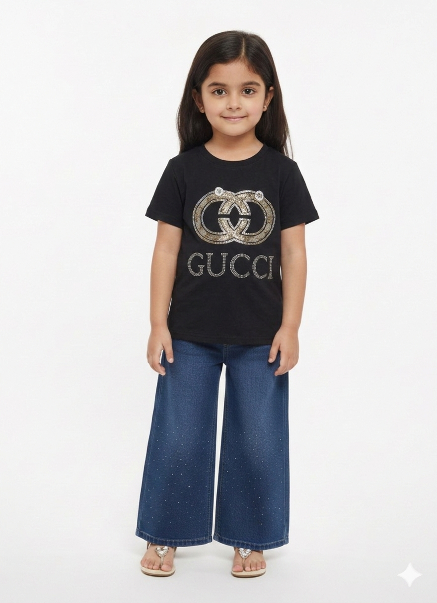 Designer Inspired Girls Pink Logo T-Shirt and Sparkling Wide Leg Denim Jeans Two-Piece Set