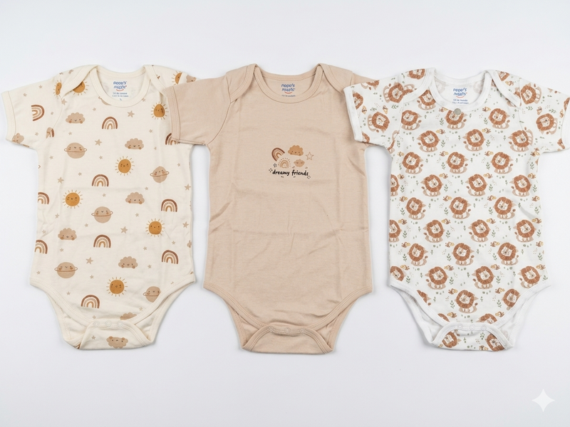 3 Pack Neutral Tone Baby Bodysuits Featuring Lion Prints Rainbows And Dreamy Friends Graphics