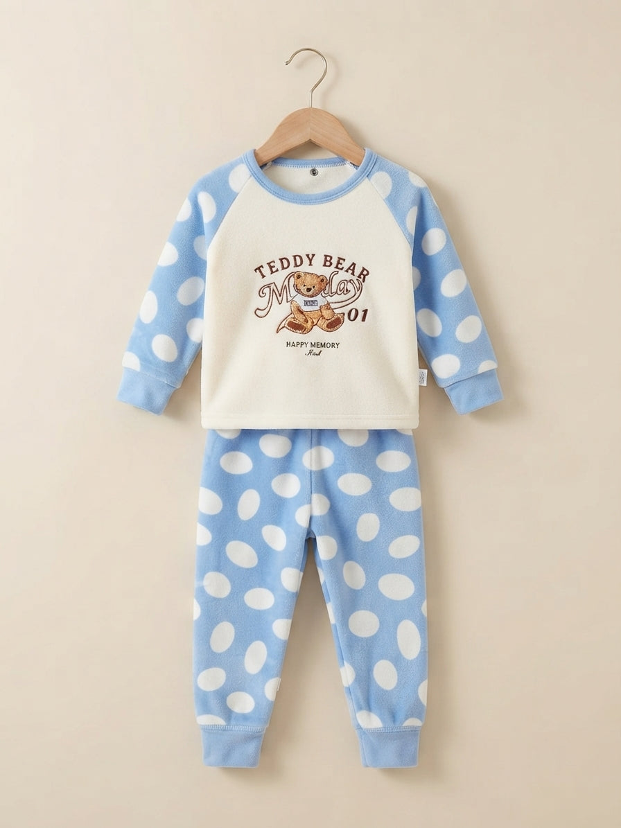 Cozy Kids Polka Dot Fleece Pajama Set With Cute Bear Graphic And Matching Trousers
