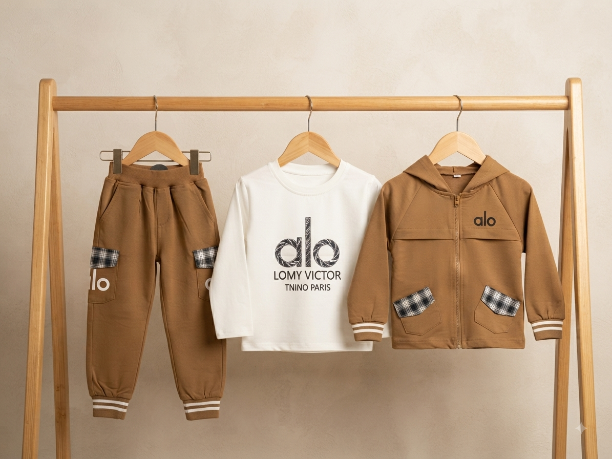 Kids stylish 3-piece winter outfit set featuring t-shirt, pant, and hooded jacket.