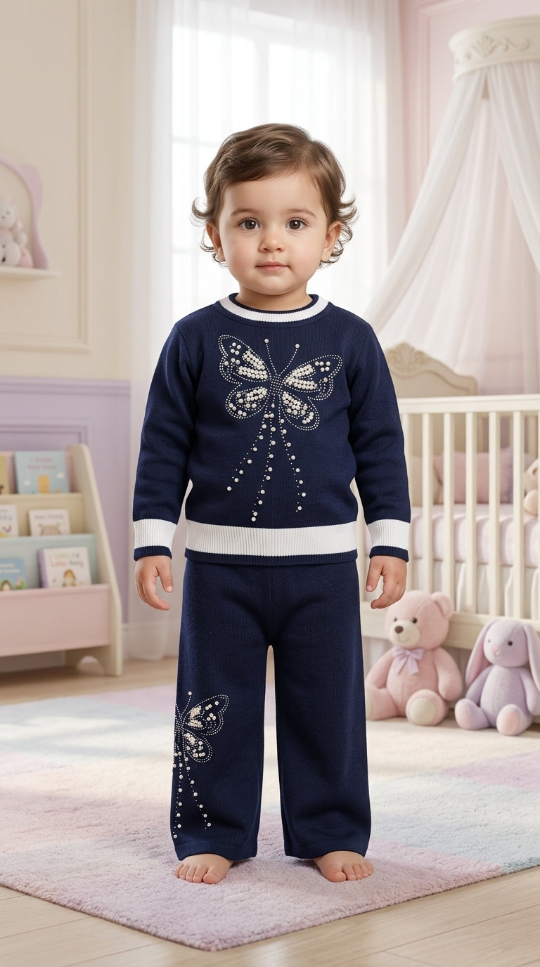 Toddler Girls Pearl Butterfly Knit Sweater and Trouser Two Piece Winter Warm Clothing Set