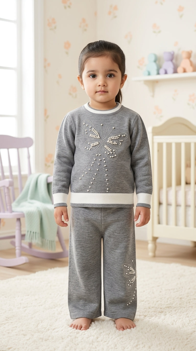 Toddler Girls Pearl Butterfly Knit Sweater and Trouser Two Piece Winter Warm Clothing Set