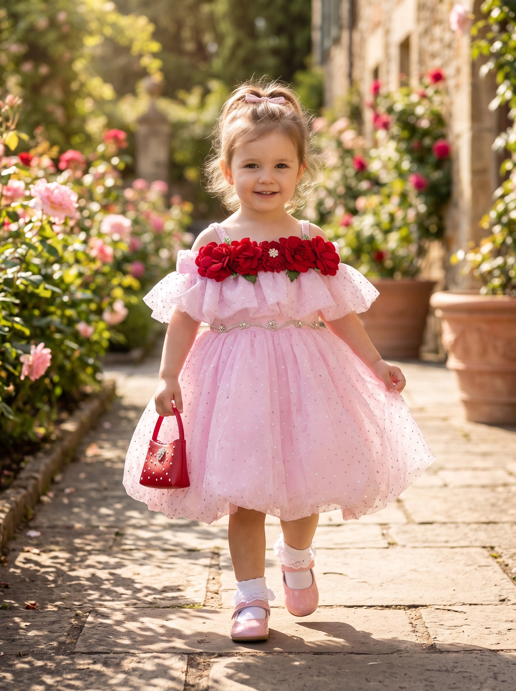Stunning Rose Floral Accented Frock With Matching Inner Trouser And Cute Mini Handbag Set