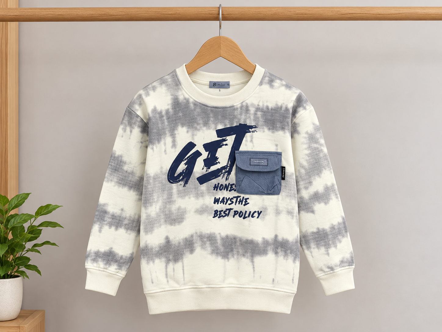 Kids Winter Tie-Dye Fleece Sweatshirt With Chest Pocket And Bold Graphic Print