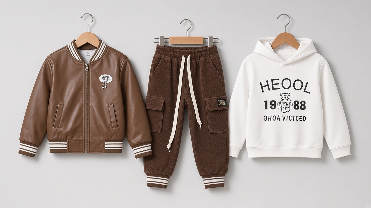 Kids Winter 3-Piece Leather Bomber Jacket Hoodie And Cargo Trousers Tracksuit Set
