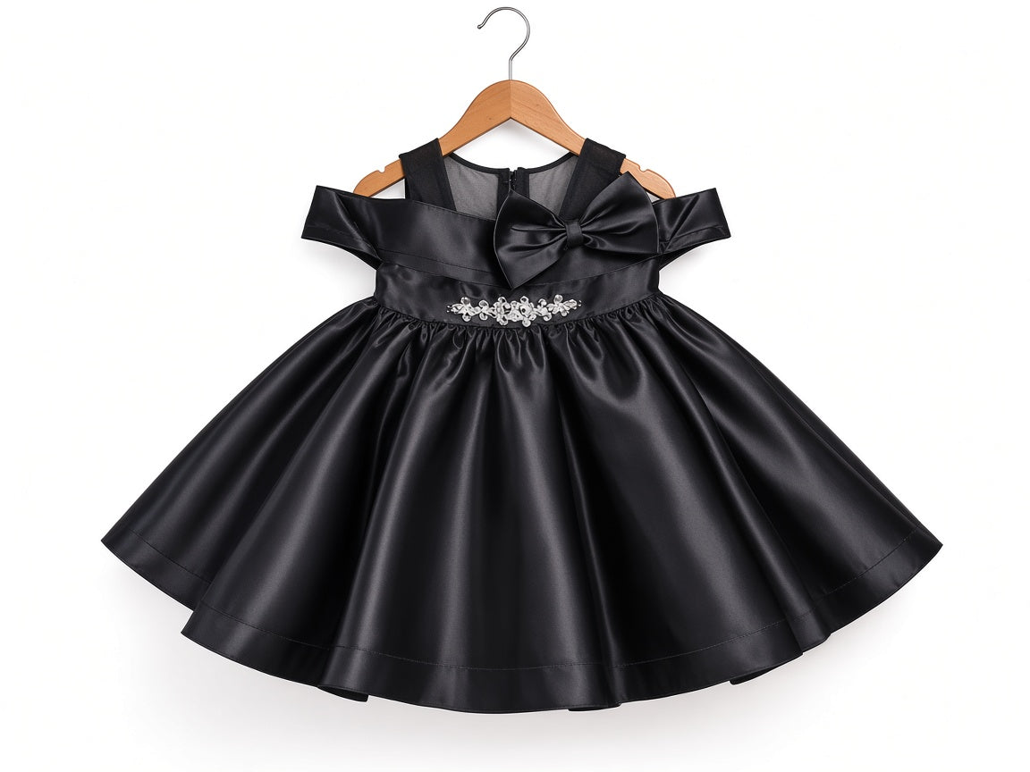 Girls Elegant Satin Party Frock Big Bow Rhinestone Waist Mesh Shoulder Birthday Dress