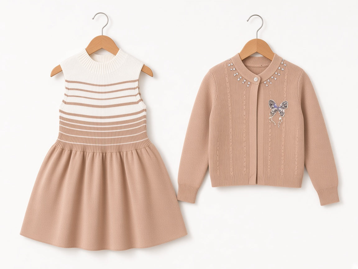 Girls Winter Knitted Sleeveless Frock Dress Set With Embellished Butterfly Cardigan Sweater