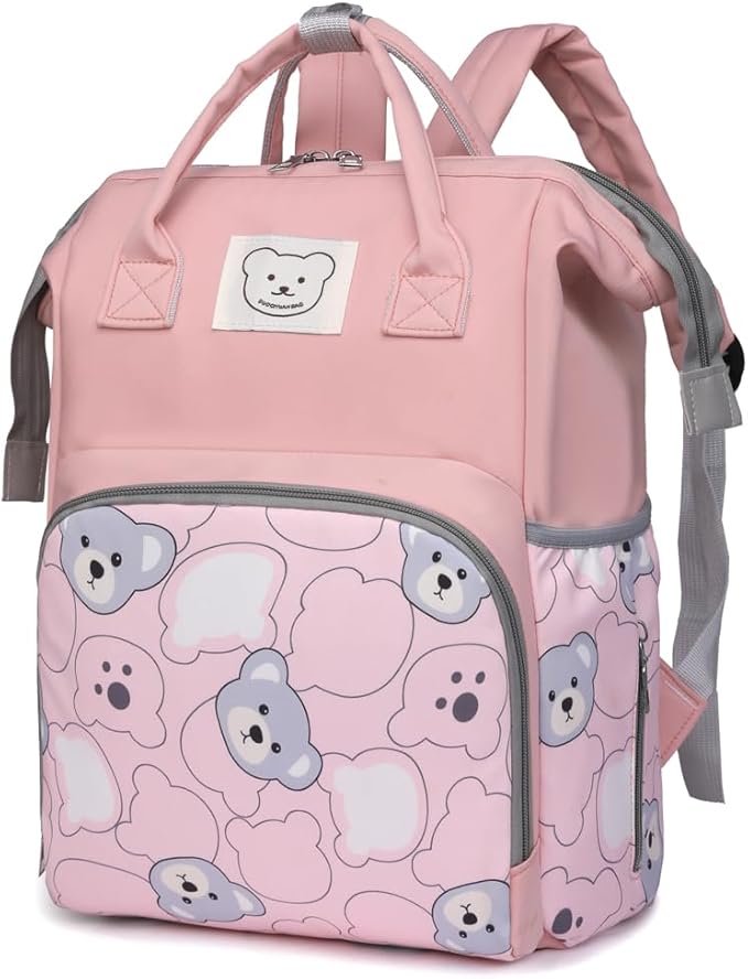 Cute Bear Print Mommy Backpack – Spacious, Waterproof & Multi-Pocket Diaper Bag | Colors: Blue, Purple, Pink & Black