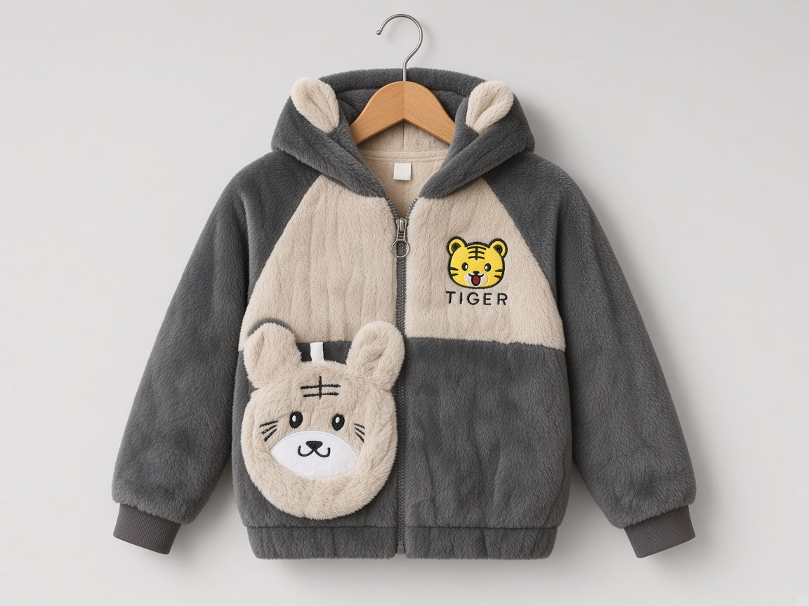Kids Fluffy Furry Hooded Jacket And Matching Cute Animal Face Sling Bag Set