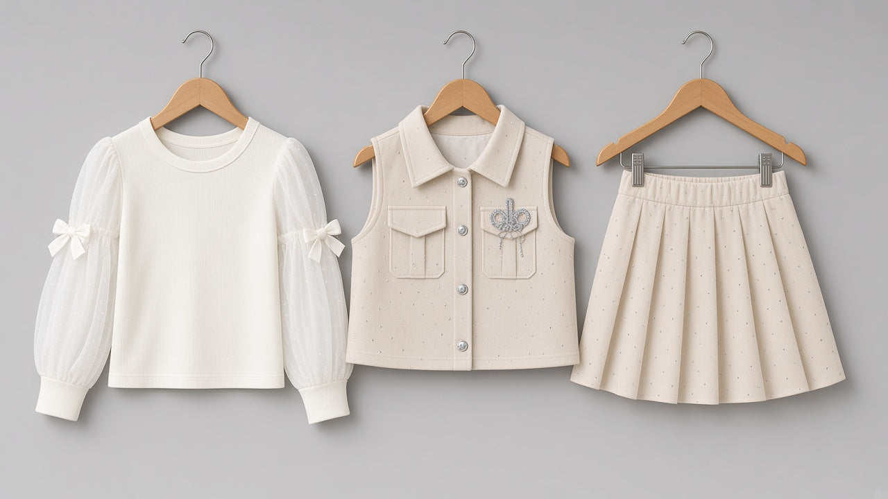 Trendy Girls Sleeveless Vest Matching Pleated Skirt And Bow Long Sleeve Tee Outfit