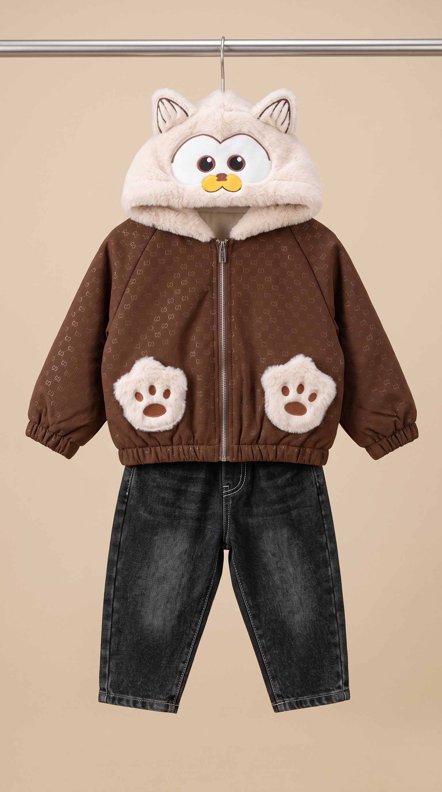 Cute Animal Hooded Jacket With Denim Jeans Winter Outfit For 4 Year Old Boys