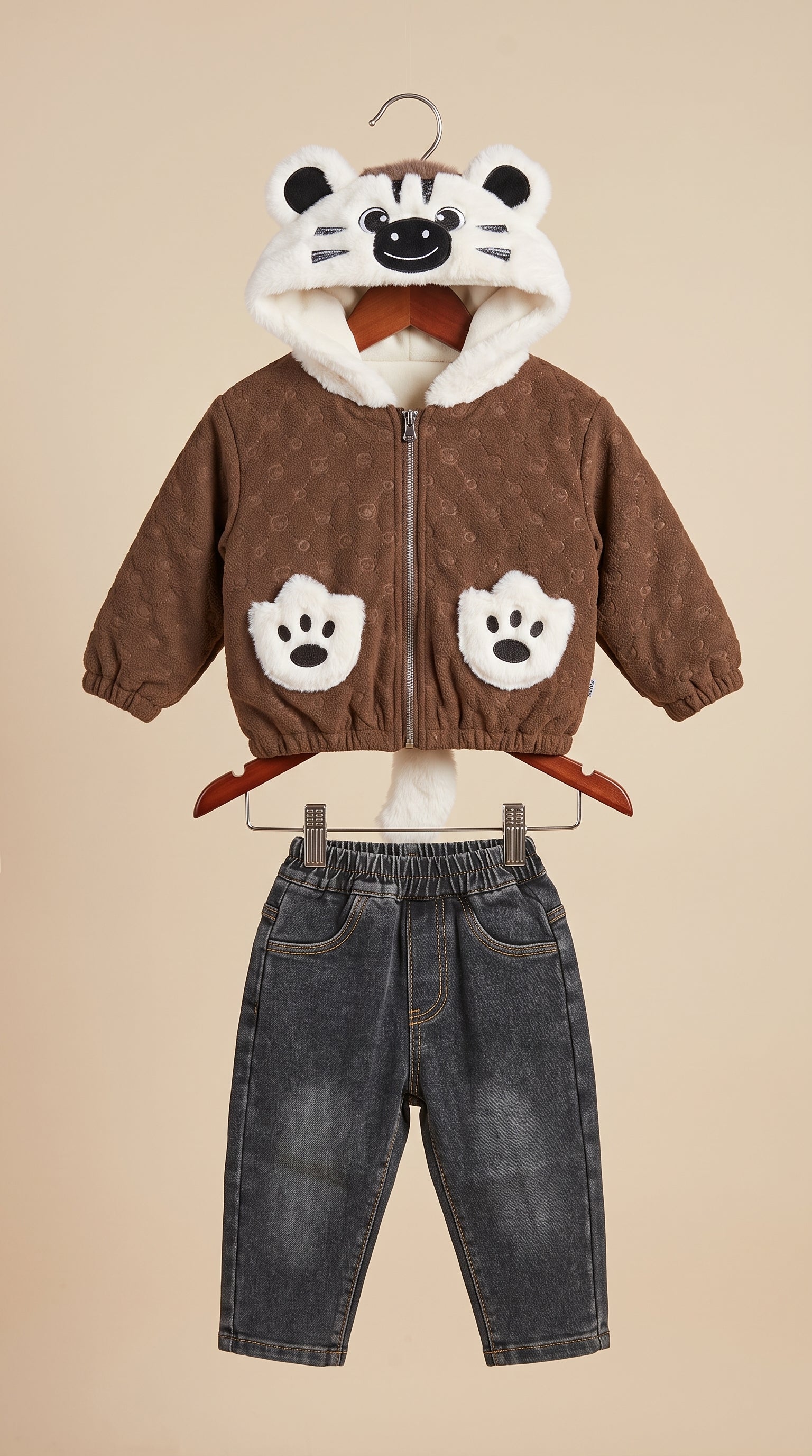 Stylish Navy Blue Animal Hooded Jacket With Denim Pants Winter Outfit For Boys