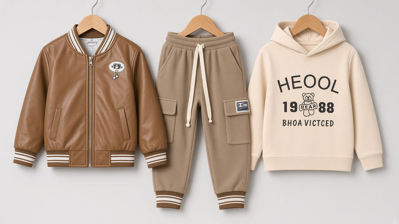 Kids Winter 3-Piece Leather Bomber Jacket Hoodie And Cargo Trousers Tracksuit Set