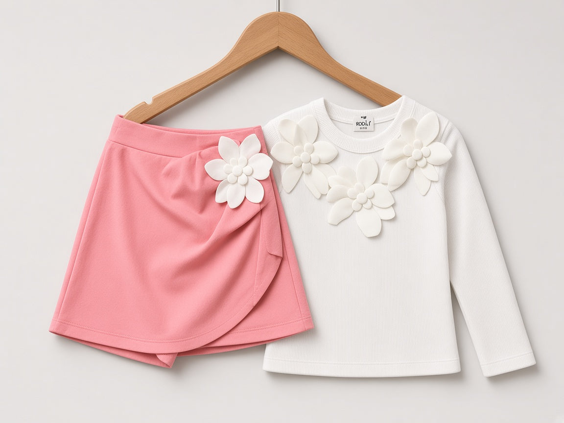 Stylish White Top With Floral Applique And Matching Pink Skirt Set For Cute Little Girls