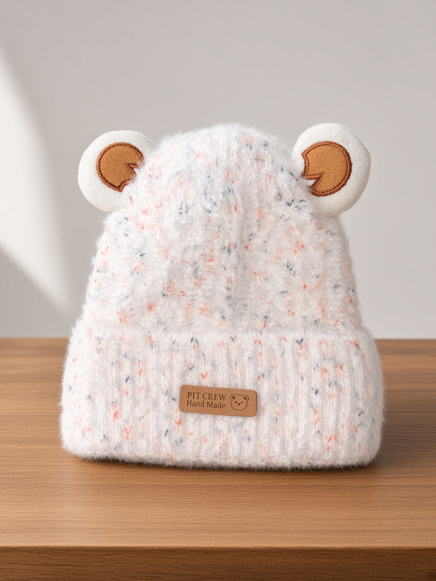 Kids Winter Fluffy Knit Beanie Hat With Bear Ears And Hand Made Patch